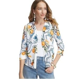 Chico's Open Front Cardigan Orange Print‎ 3/4 Sleeve Lightweight XS lightweight